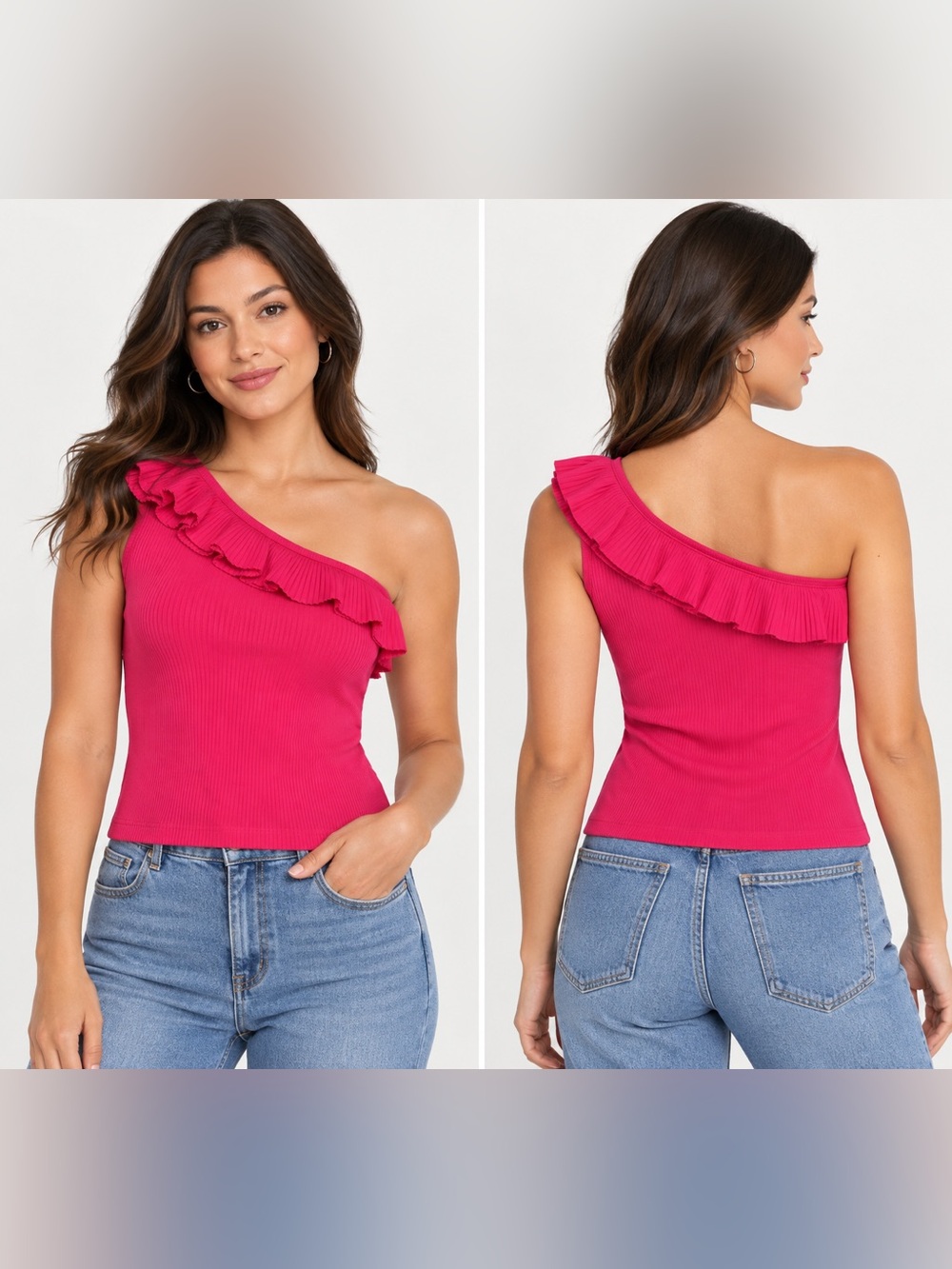 Sofia Jeans by Sofia Vergara Ruffle Knit Tank Top Hot Pink One Shoulder XL